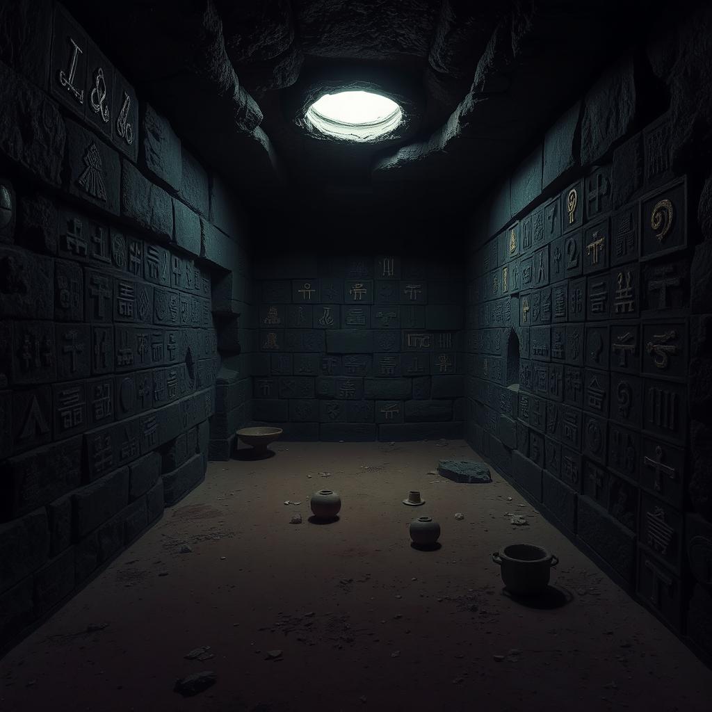 A mysterious secret room with walls covered in ancient symbols, illuminated by a dim light coming from the ceiling