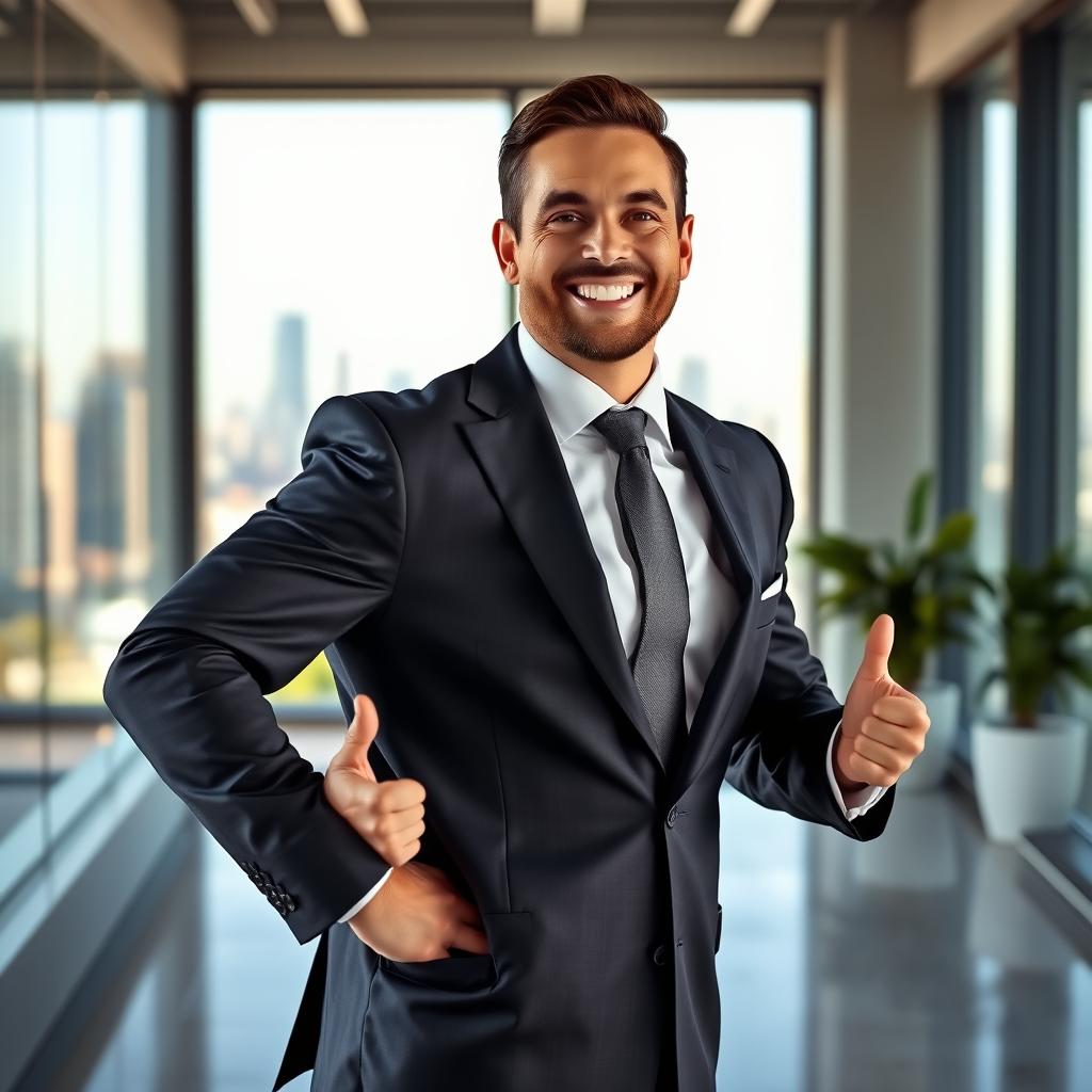 A charismatic businessman standing confidently in a dynamic pose, smiling broadly as if he's just given a successful presentation