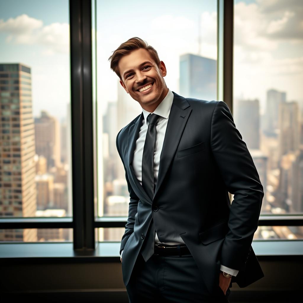 A charismatic businessman standing confidently in a commanding pose, smiling warmly as if celebrating a recent success