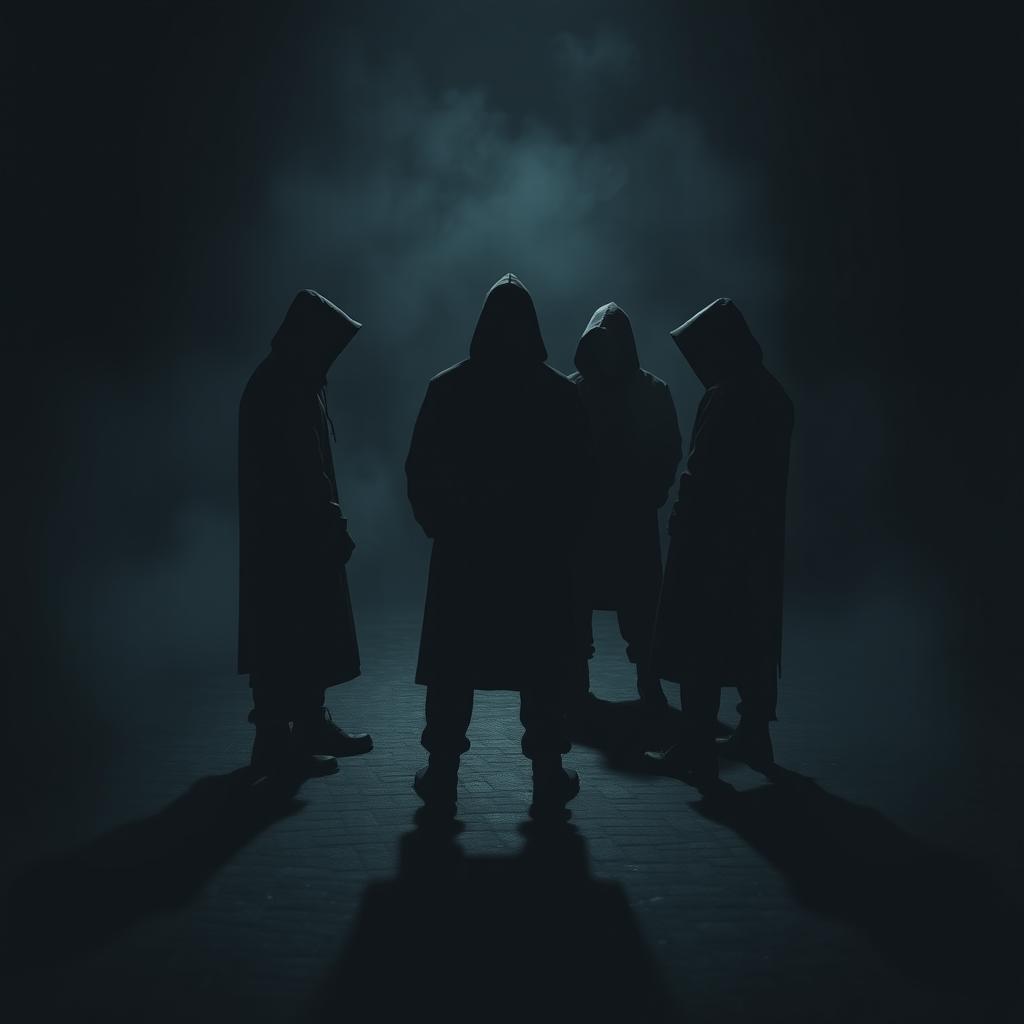 A mysterious scene featuring a group of five hooded figures gathered in a tight circle