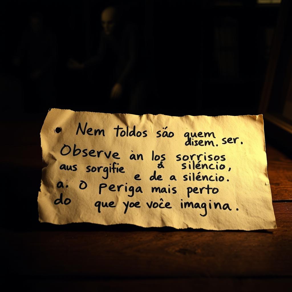 A mysterious note featuring shaky handwriting, presenting the message: "Nem todos são quem dizem ser
