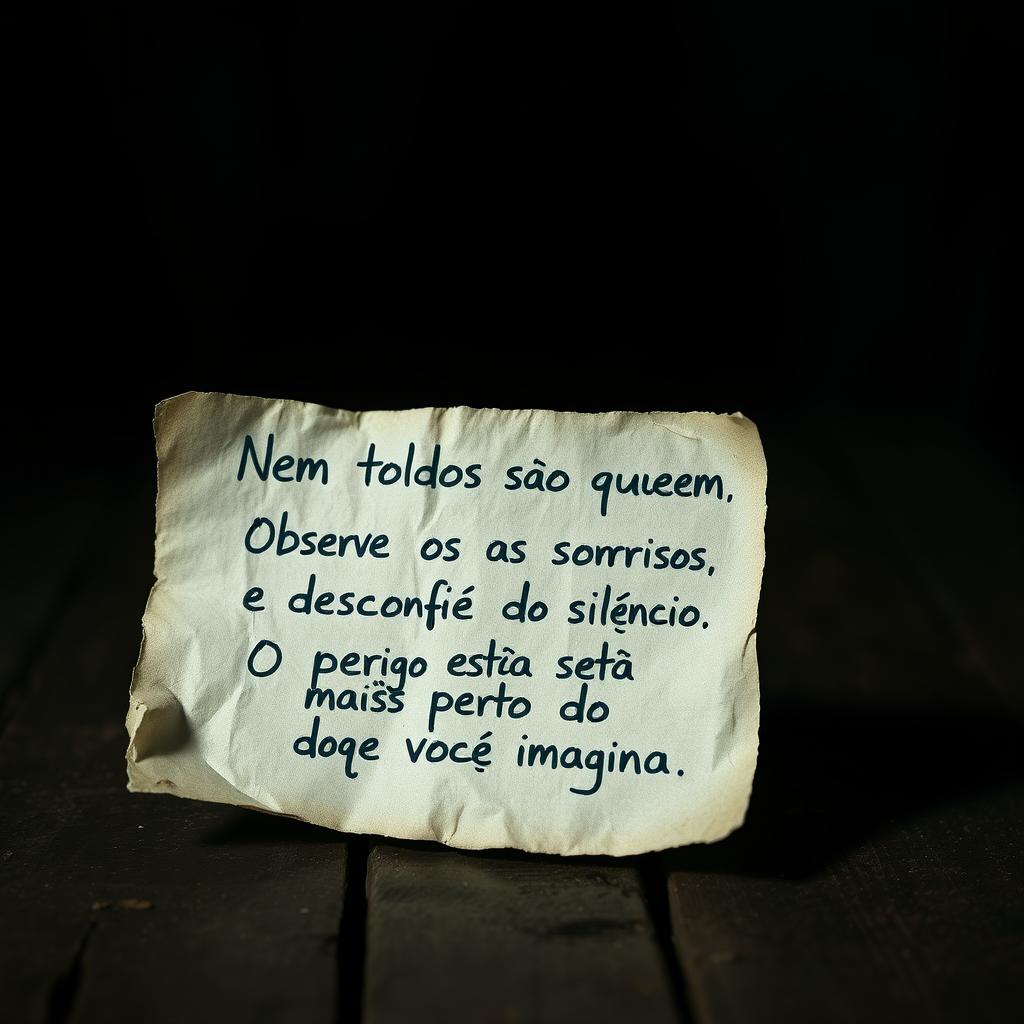 A mysterious note featuring shaky handwriting, showcasing the message in Portuguese: "Nem todos são quem dizem ser