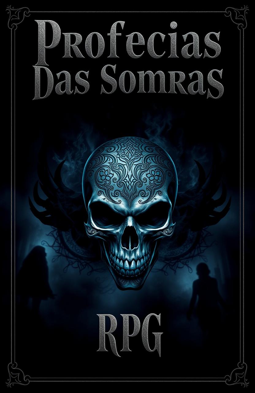 A dark and atmospheric RPG cover design featuring a prominent skull at the center, detailed and menacing, surrounded by an aura of shadows