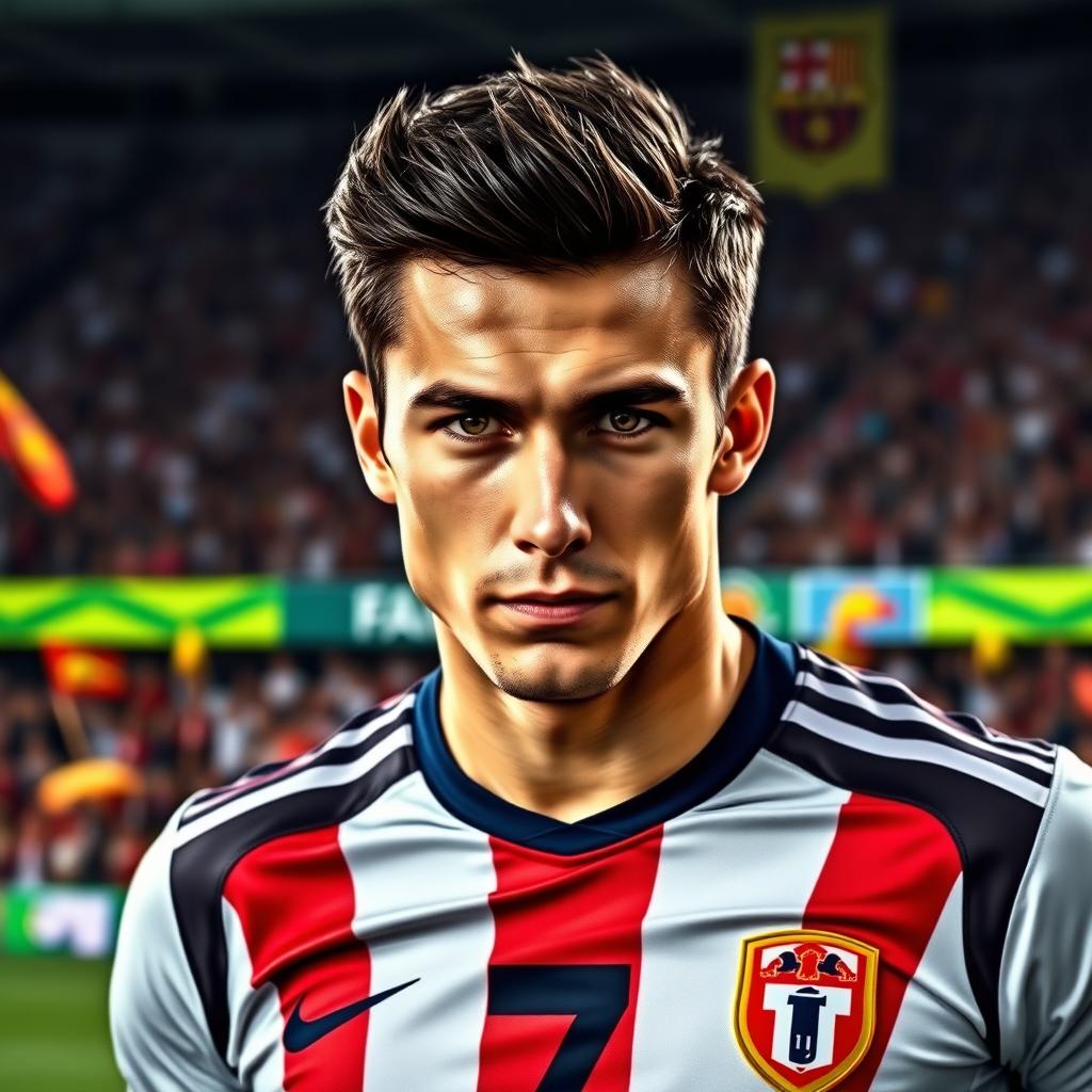 A close-up portrait of a handsome male soccer player with dark hair and sharp facial features, wearing a soccer jersey with the number 7 prominently displayed