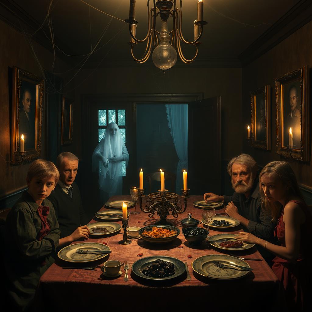 An eerie, dimly lit dining room inside a scary house, featuring a family of four seated around a table for dinner