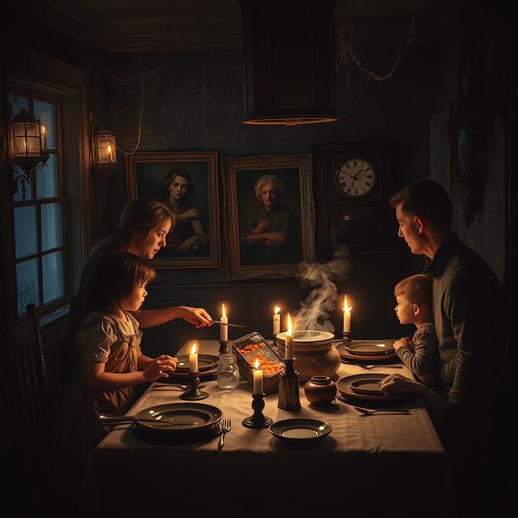Inside a dimly lit, eerie old house, a family of four is gathered around a table for dinner