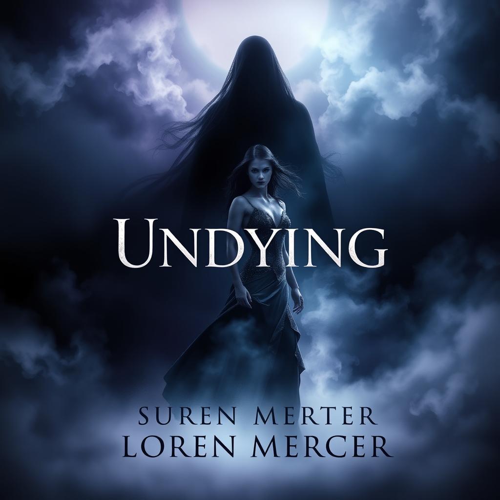 A captivating book cover for a supernatural romance, highlighting an eerie, misty landscape that evokes dark mystery and slow-burn tension