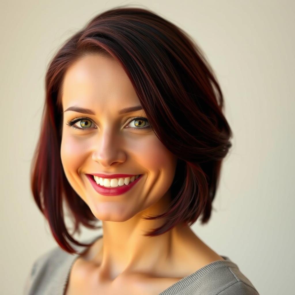 A portrait photo of a 40-year-old woman with dyed burgundy hair, featuring a warm smile and a confident expression