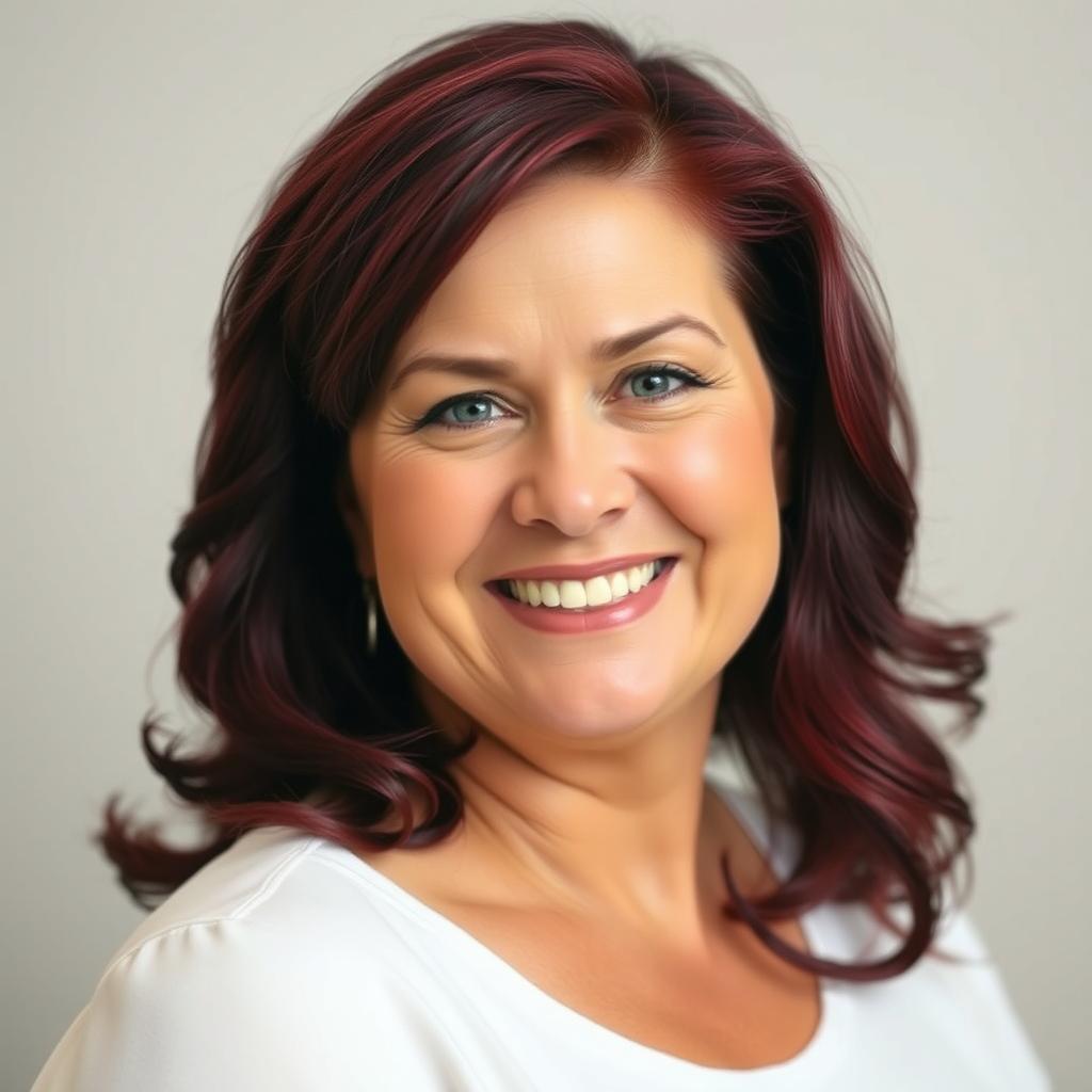 A portrait of a 40-year-old woman with dyed burgundy hair styled elegantly