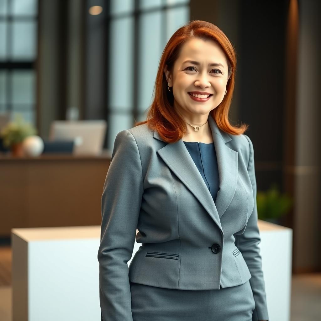 A 40-year-old Eastern woman with auburn hair, slightly plump, wearing a gray suit consisting of a stylish jacket and a skirt