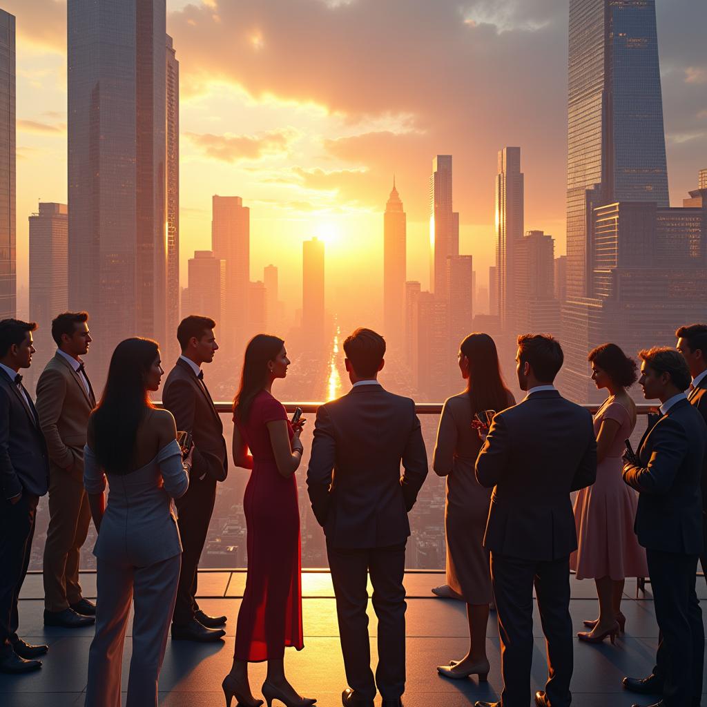 A stunning, ultra-modern city skyline during sunset, reflecting the golden hues on glass skyscrapers
