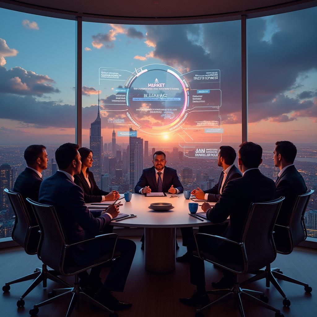 A visually striking representation of the SCVX Billionaire Club Mindset, featuring a luxury conference room overlooking a breathtaking cityscape at twilight