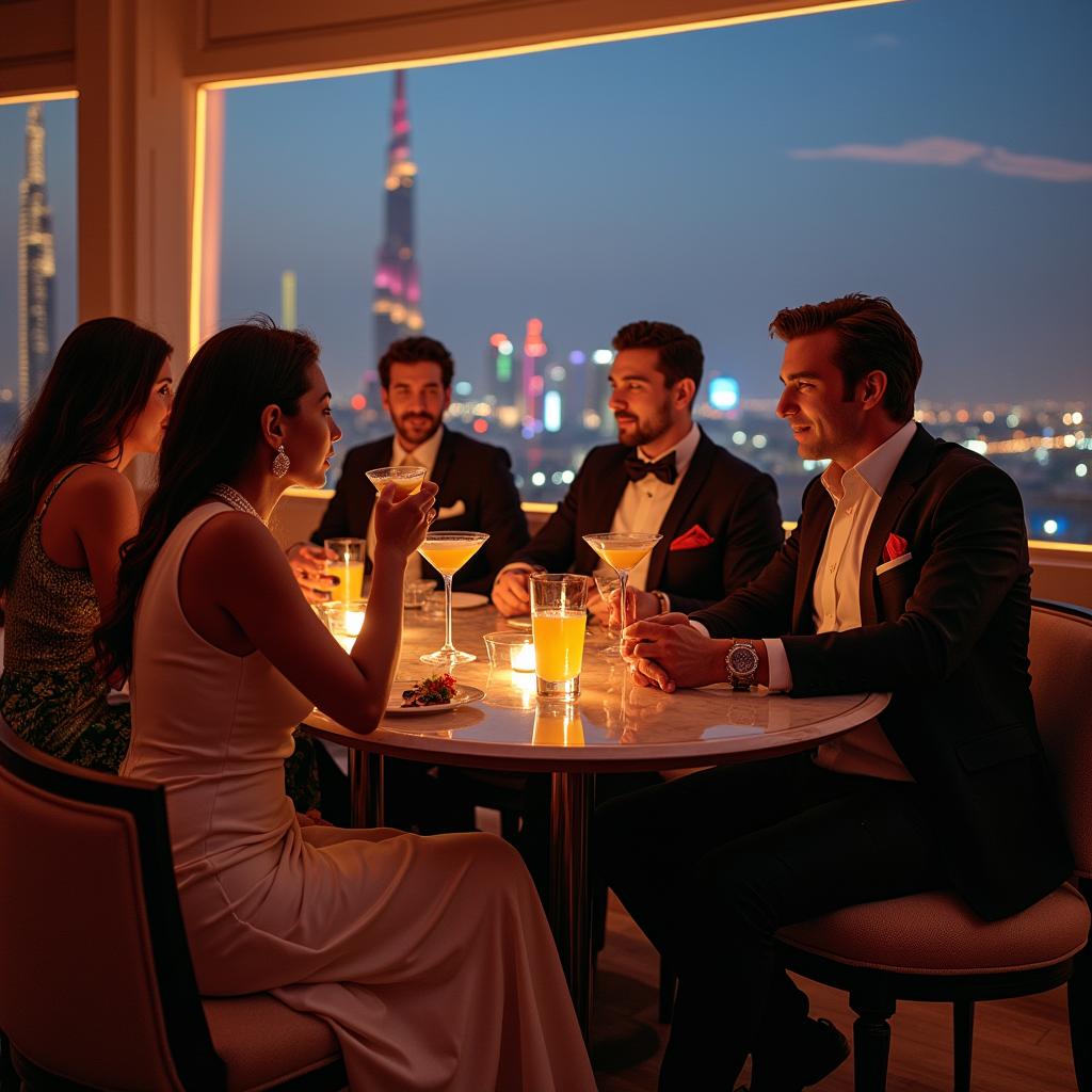 A luxurious rooftop lounge in Dubai with an opulent design, overlooking the iconic skyline featuring the Burj Khalifa at dusk