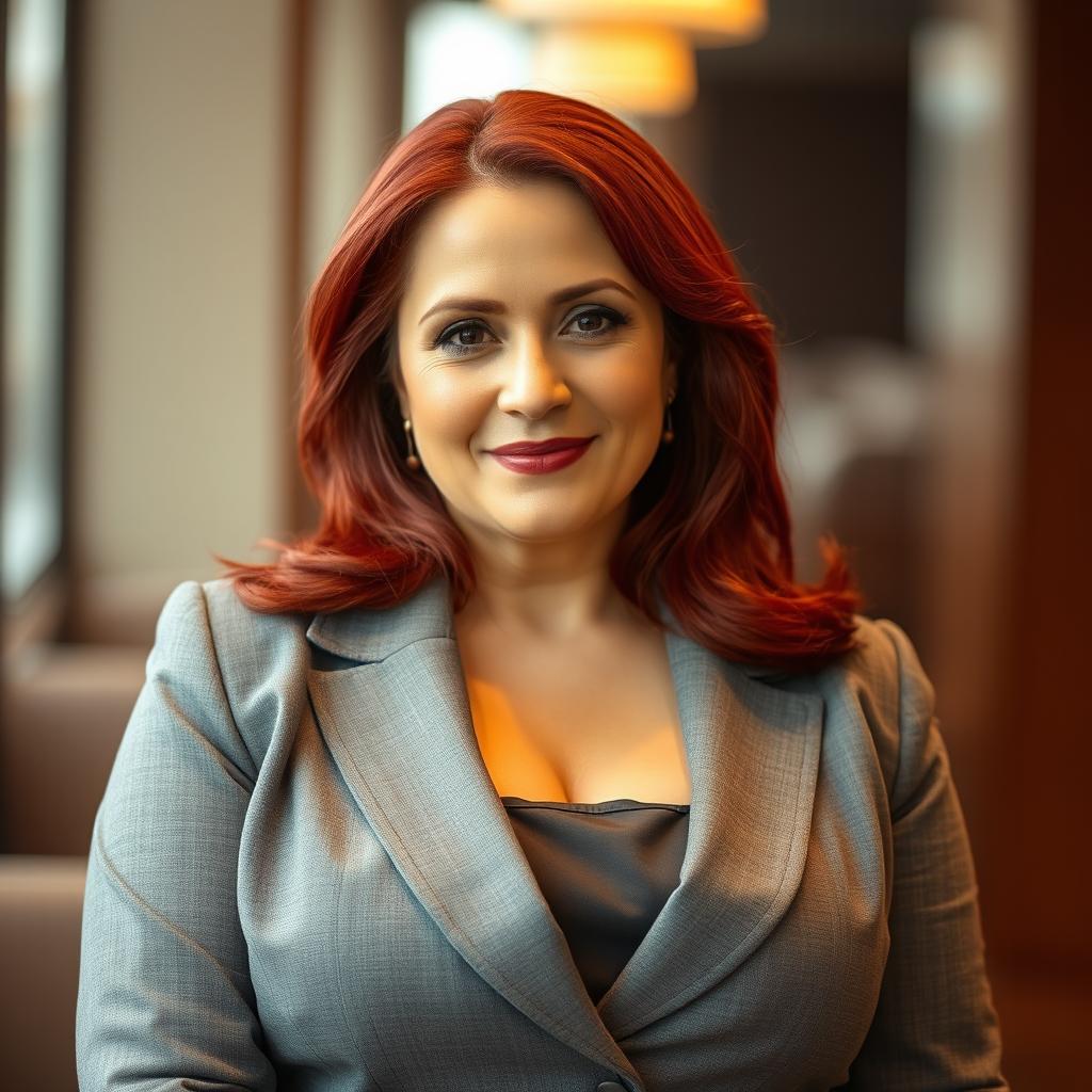 A beautiful Eastern Mediterranean woman in her forties with striking red hair, slightly plump, elegantly dressed in a chic gray blazer and skirt