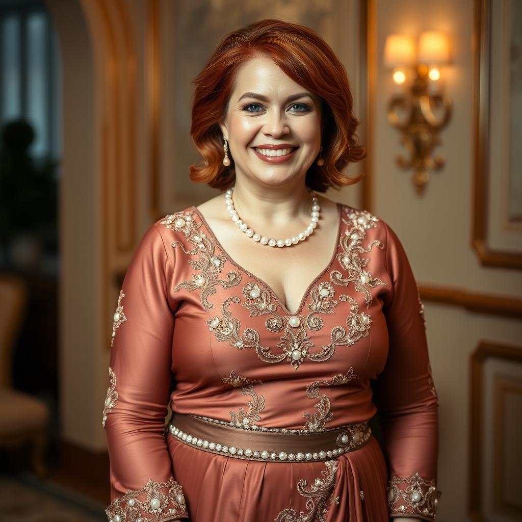 A beautiful forty-year-old Middle Eastern woman with red hair, slightly plump, wearing an elegant dress and skirt adorned with pearl embellishments