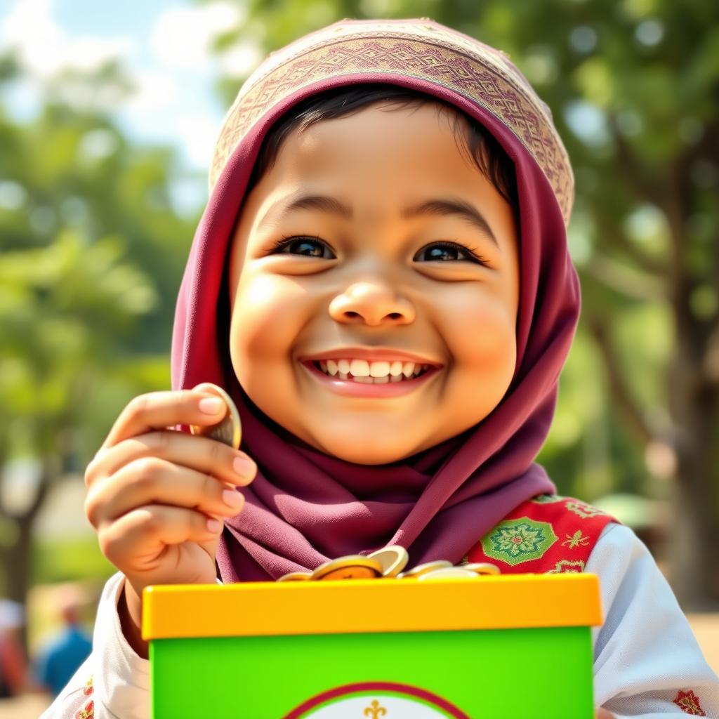 A joyful scene depicting a Muslim child with a beaming smile, joyfully giving alms from a colorful charity box