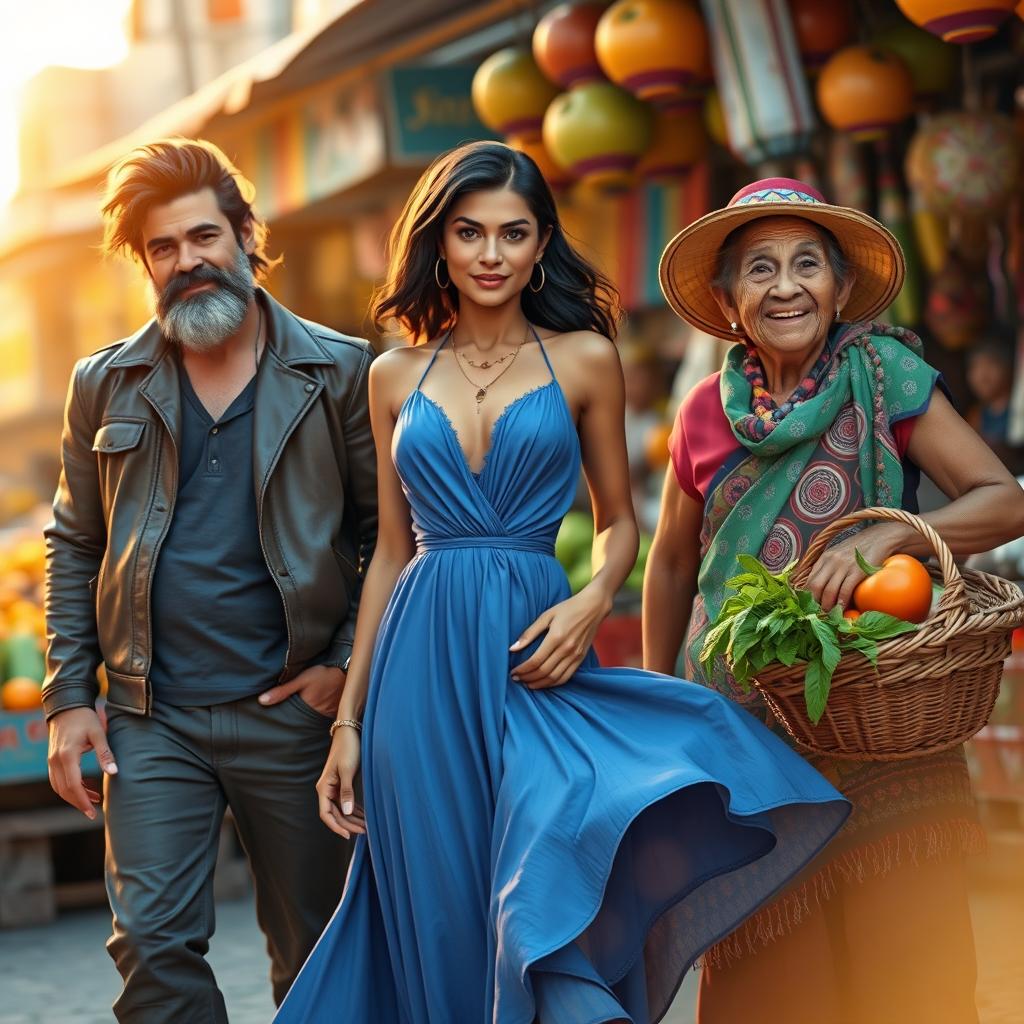 A vibrant and dynamic scene featuring three characters in a street market