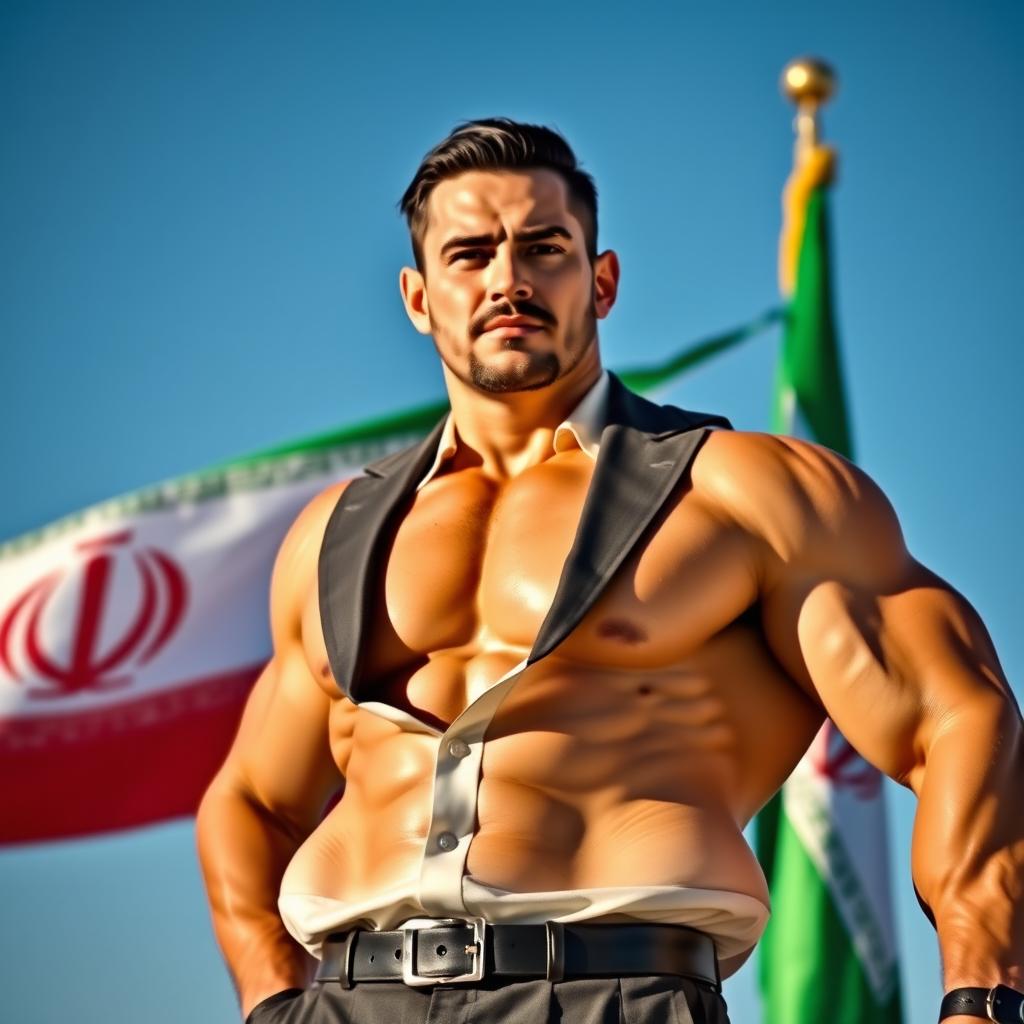 A strong, muscular man with a confident expression standing next to the Iranian flag, dressed in a formal outfit without a tie