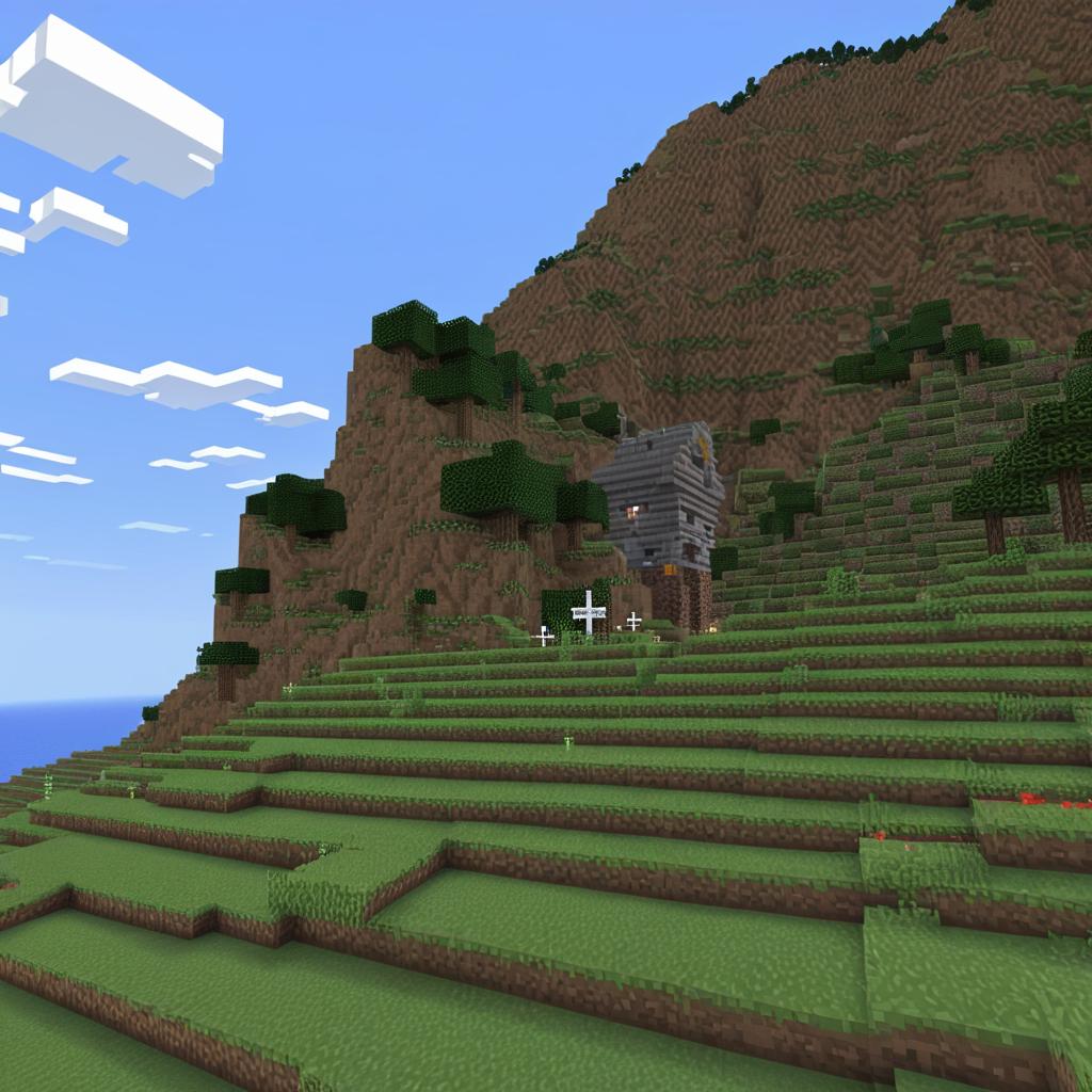 I want you to build houses to this mountain in minecraft. In the emty space betwenn the mountain i want a bridge that connects them