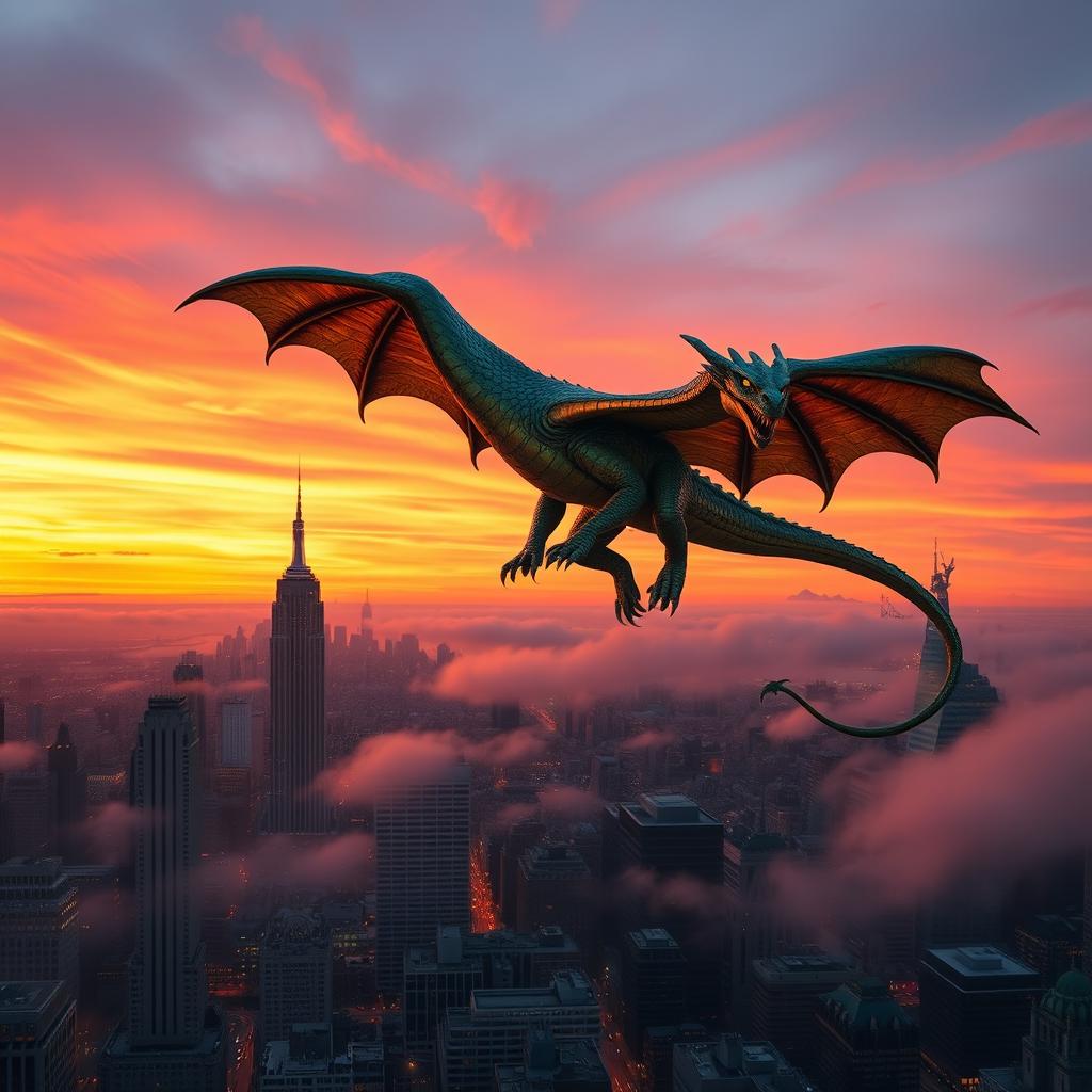 A majestic dragon soaring high above the iconic skyline of New York City during sunset