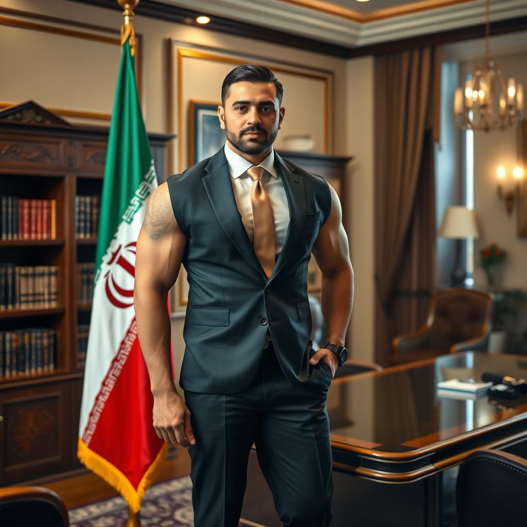 A strong, muscular man standing next to the Iranian flag, dressed in formal diplomatic attire without a tie