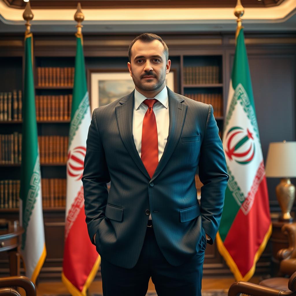 A tall, muscular man standing next to the Iranian flag, dressed in formal diplomatic attire without a tie