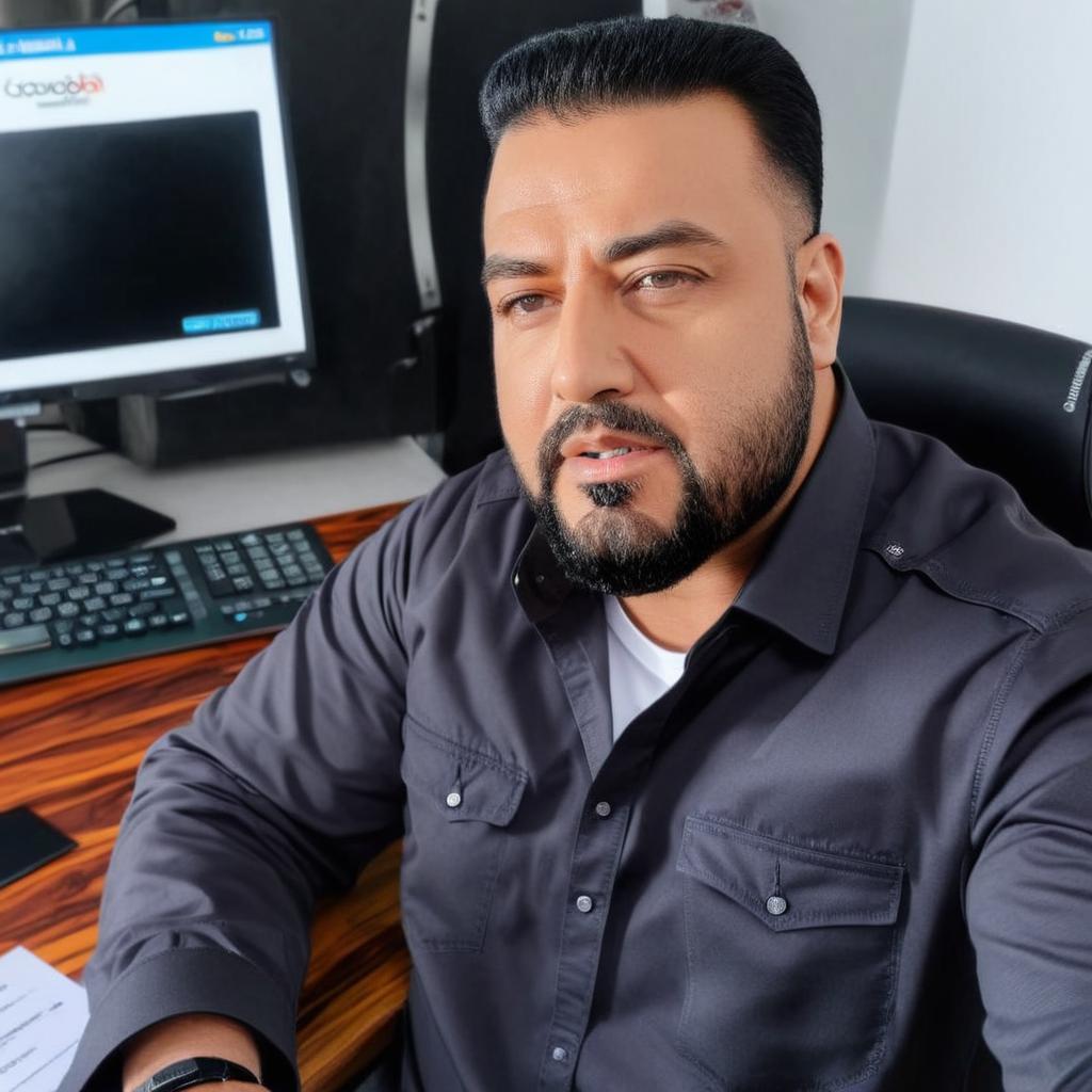 استایل یک مرد قد بلند هیکلی کنار پرچم ایران با لباس رسمی  دیپلماتیک ، کروات ندارد ، داخل یک اتاق اداری