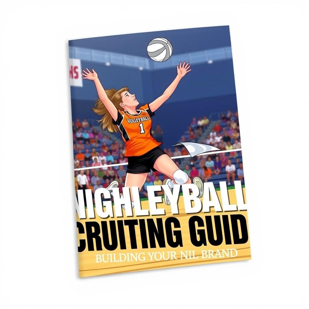 A beautifully designed cover for a High School Volleyball Recruiting Guide, featuring a dynamic illustration of a high school volleyball player in action, jumping to spike the ball