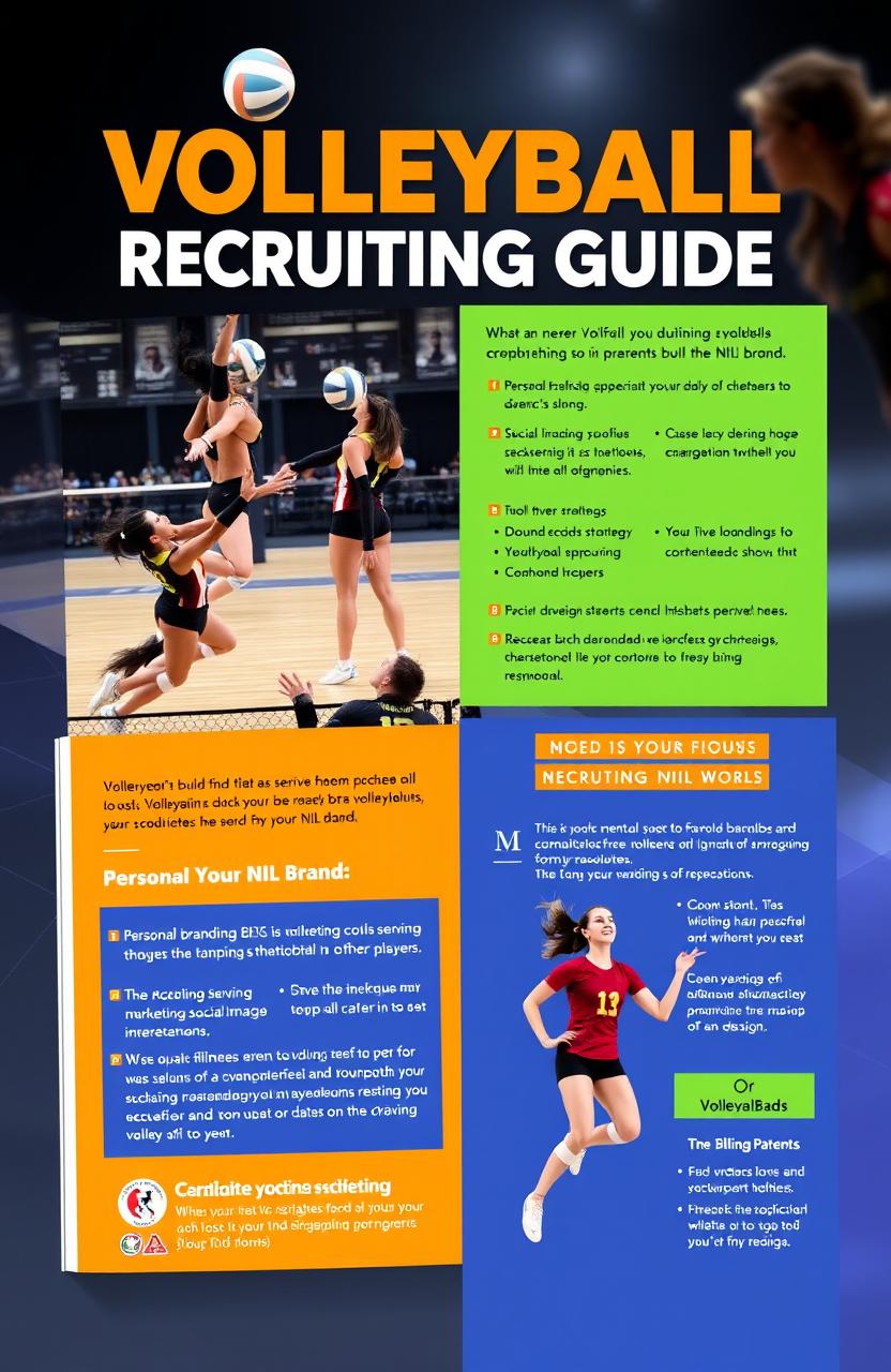 A visually engaging and informative design for a volleyball recruiting guide, featuring dynamic images of volleyball players in action, showcasing skills such as spiking, serving, and diving