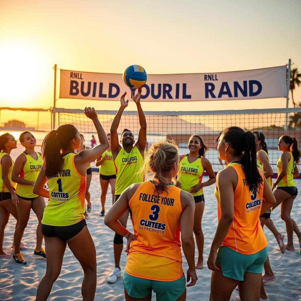 An inspirational scene of a diverse group of volleyball athletes engaging in a dynamic training session at a beautiful beach court