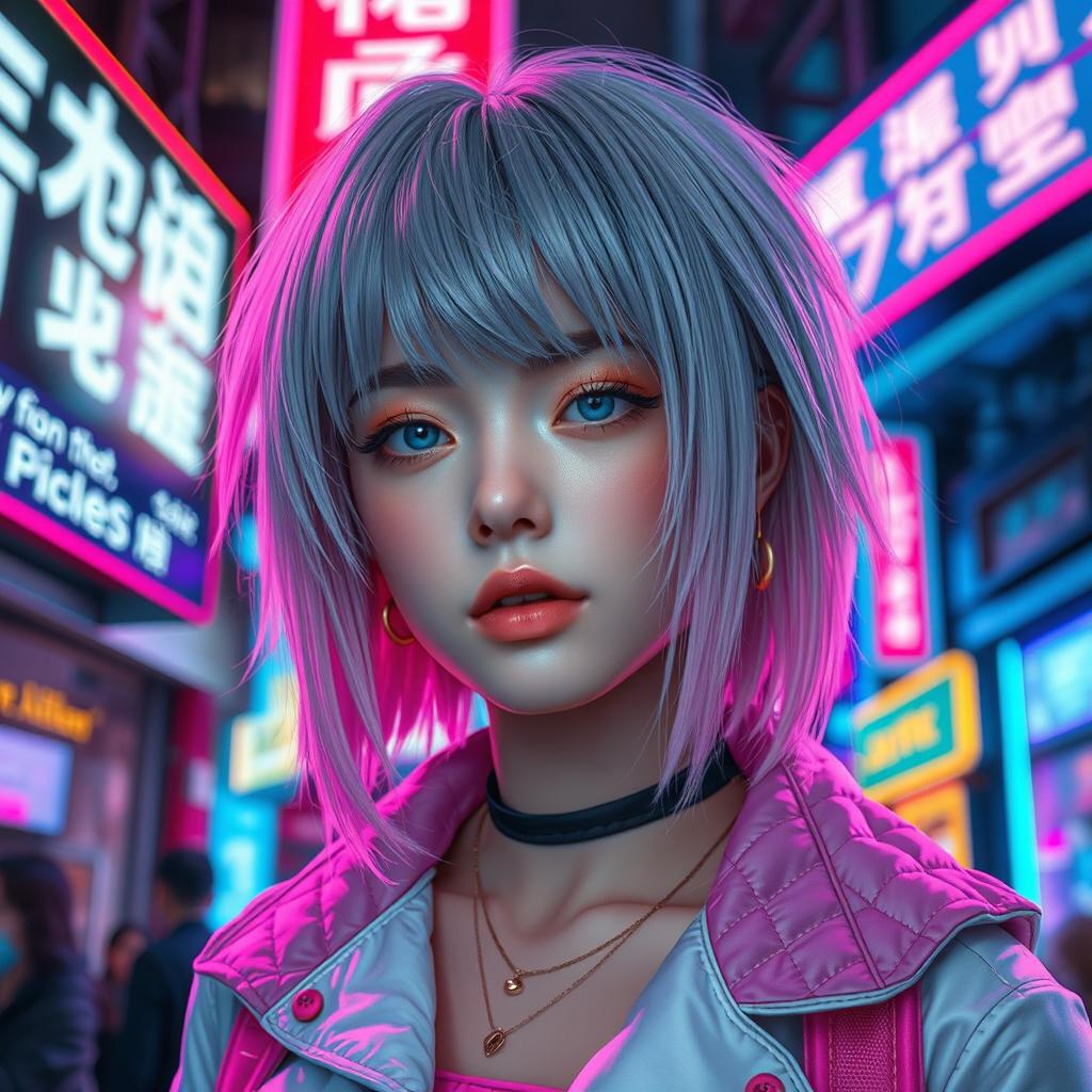 A photo-realistic portrait of an individual with a stylish gray and soft pinkish hair, embodying a cyberpunk aesthetic