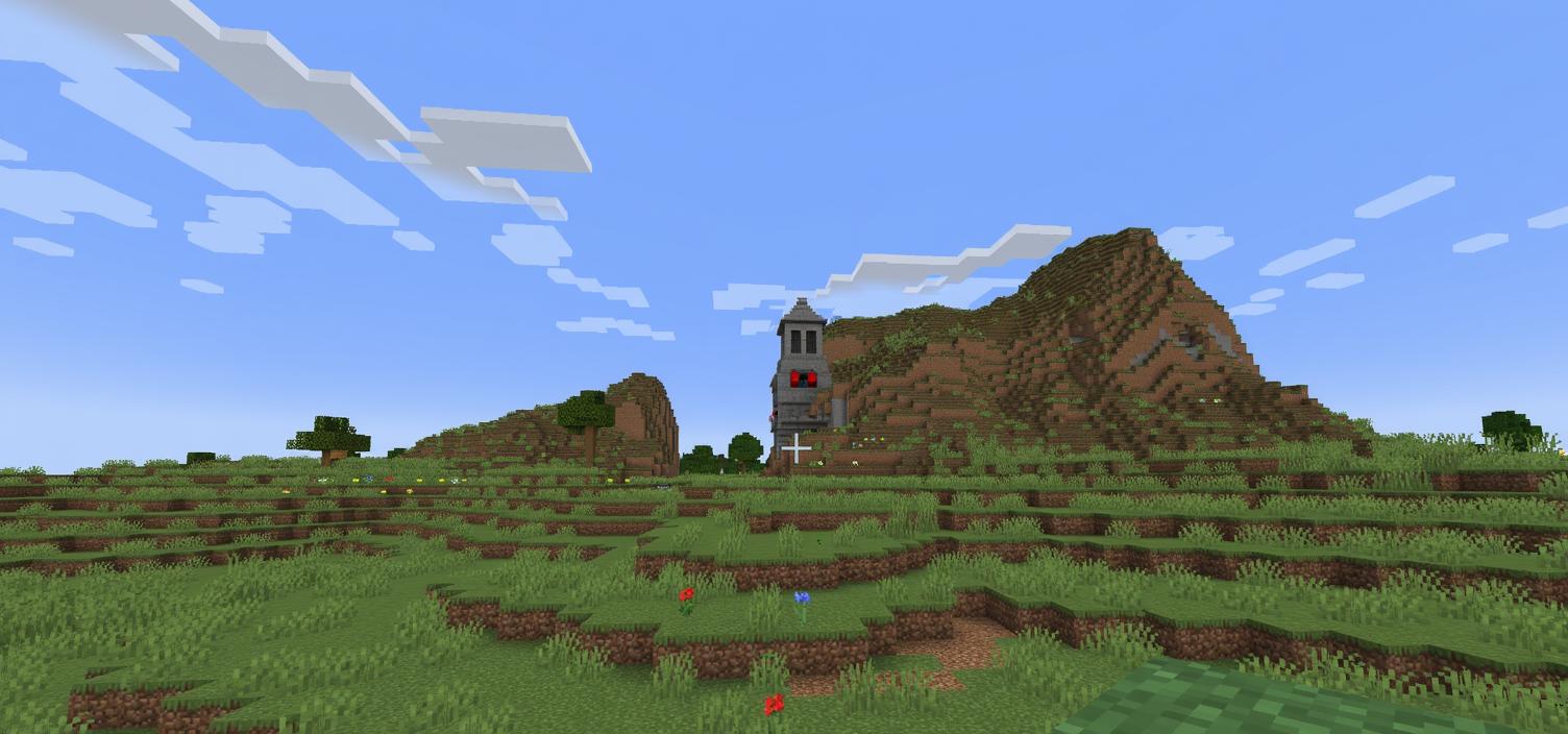 Create a Minecraft landscape featuring two houses built on the sides of a hilly mountain terrain similar to the provided image