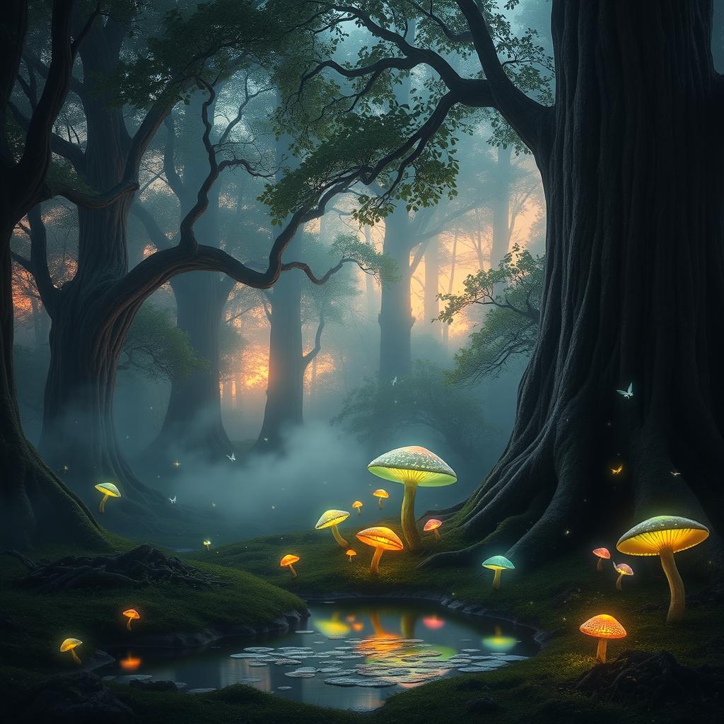 A mystical forest at twilight, with ethereal glowing mushrooms in various colors lighting up the scene, surrounded by towering, ancient trees with deep green leaves, a shimmering pond reflecting the colors of the sky, and a gentle mist rising from the ground