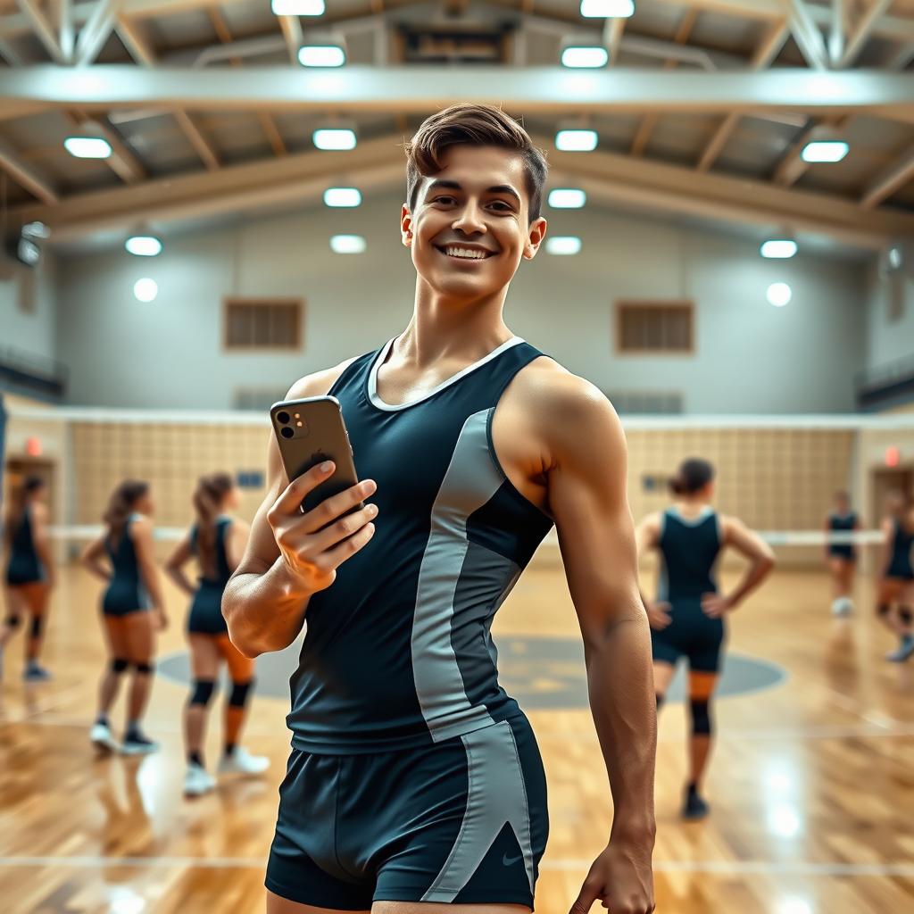 An indoor volleyball player in a sleek athletic uniform, showcasing a fit physique, confidently holding an iPhone in one hand while smiling