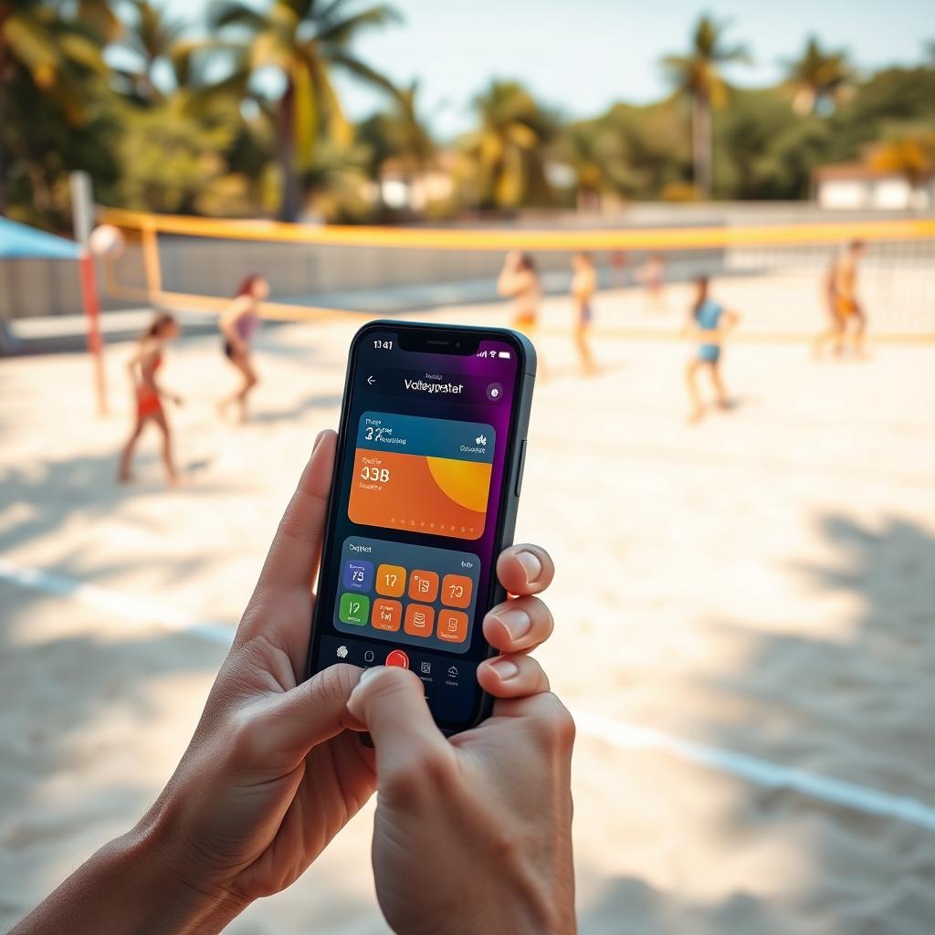 A close-up of hands holding an iPhone, with a vibrant volleyball court in the background, featuring a sandy beach, volleyball net, and players in action