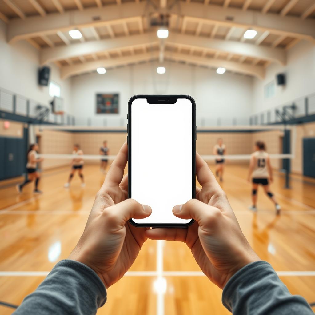 A close-up view of hands holding a blank iPhone, positioned prominently in the center of the image