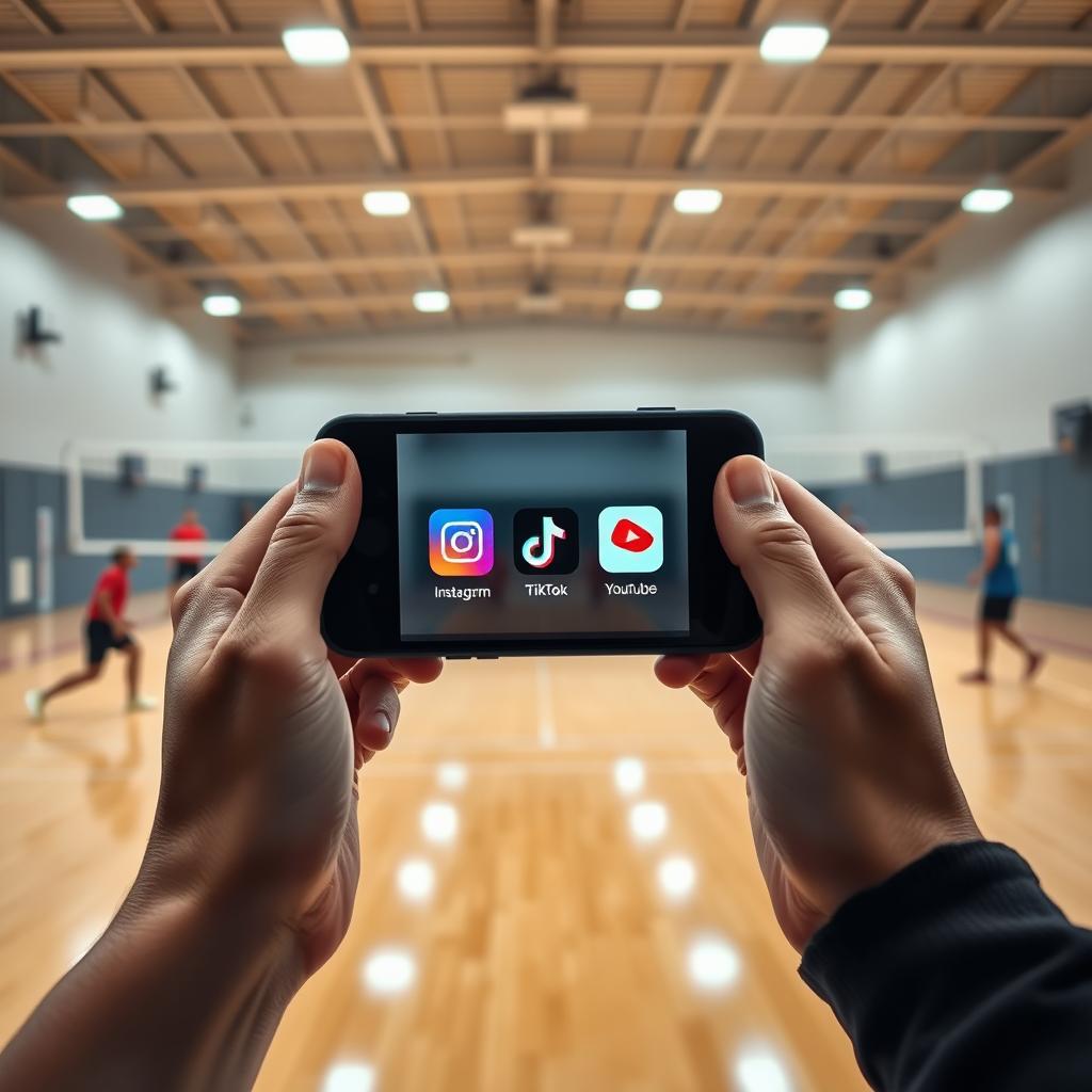 A close-up view of hands holding an iPhone, centered in the image, with the screen displaying vibrant icons for Instagram, TikTok, and YouTube