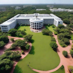 A panoramic view of Indian Institute of Technology Madras campus, including modern educational buildings, lush greenery, and students bustling with activity.