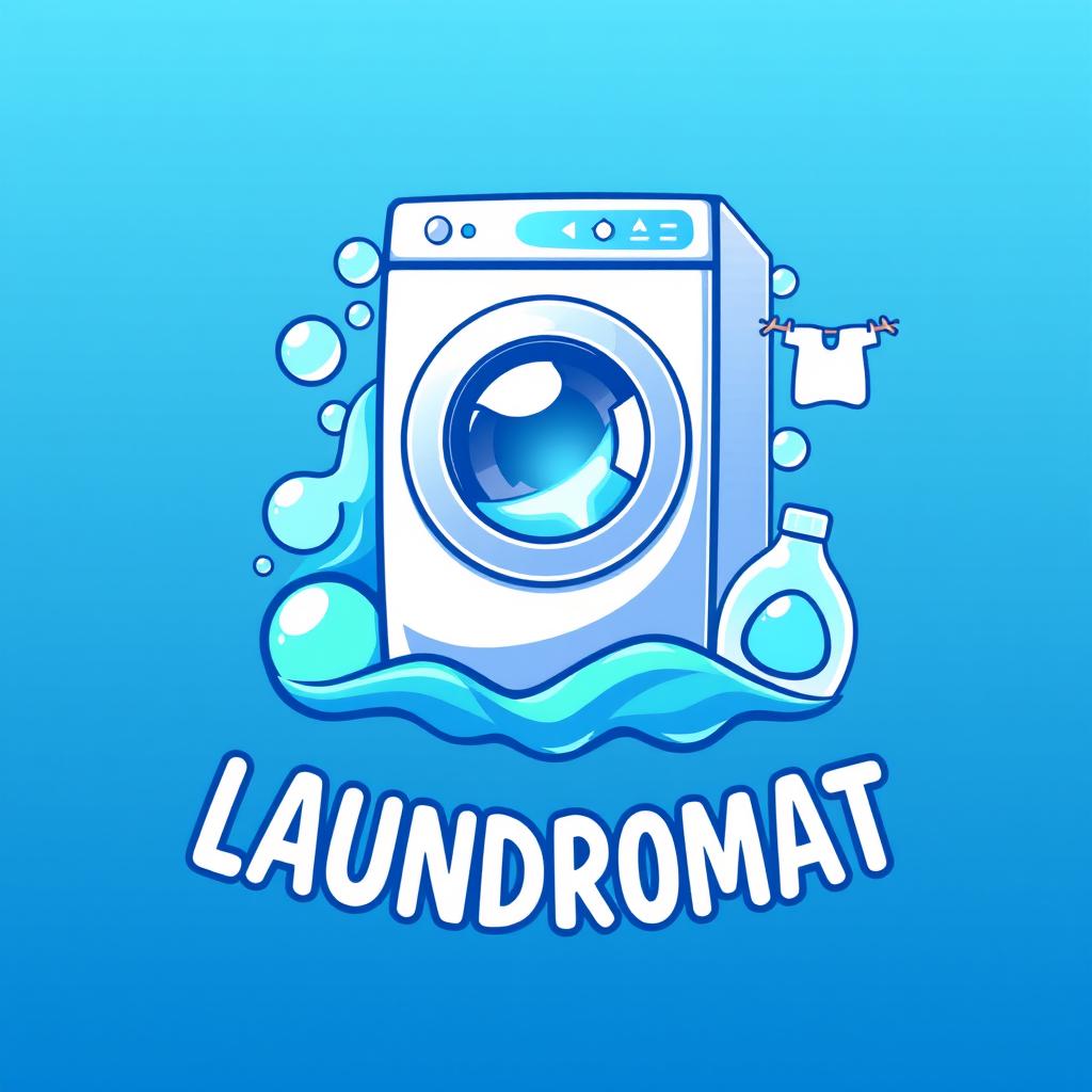 A vibrant and eye-catching logo for a laundromat, featuring a stylized washing machine with bubbles around it