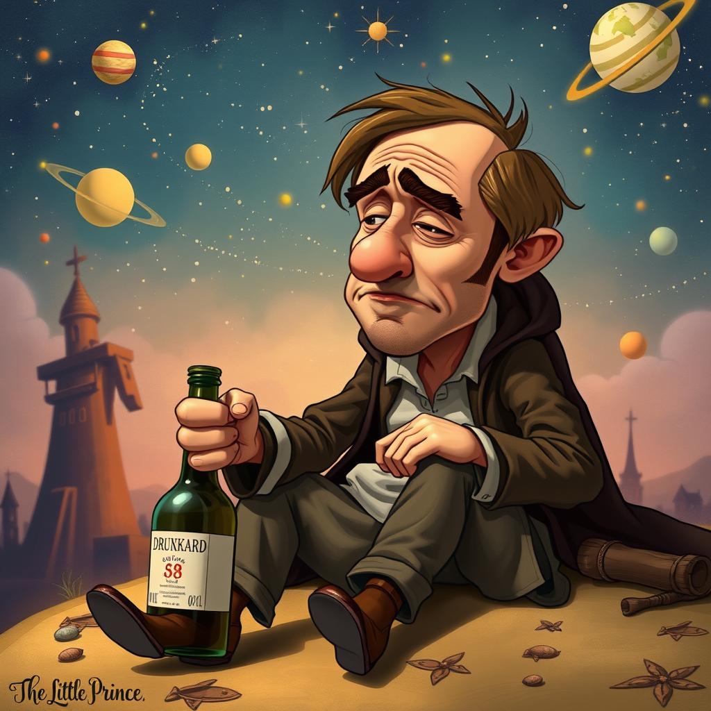 An imaginative scene inspired by 'The Little Prince', featuring a whimsical background with a starry sky and distant planets reminiscent of the book's enchanting illustrations