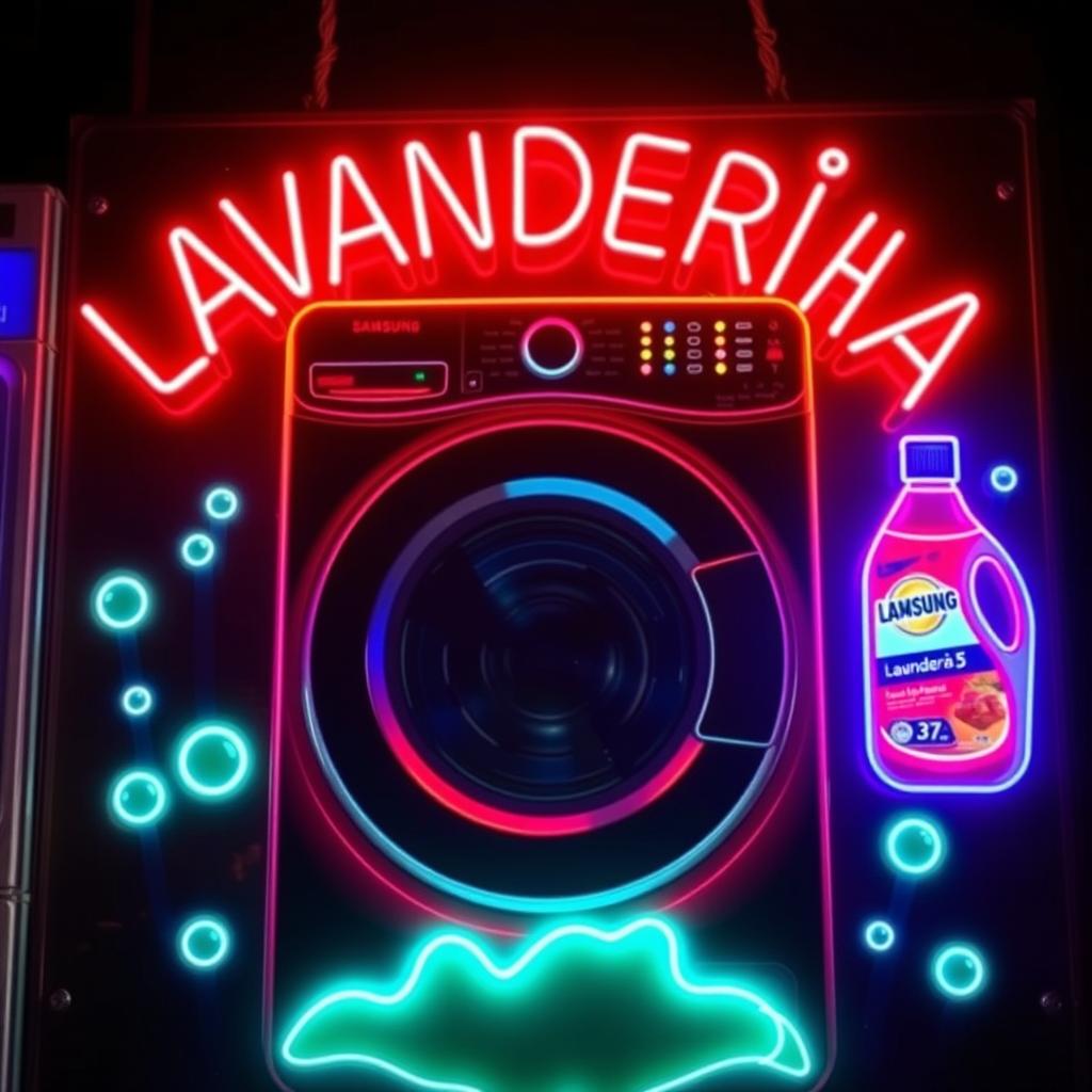 A vibrant neon sign for a laundromat featuring the text 'LAVANDERÍA DE 37' in bold, glowing letters