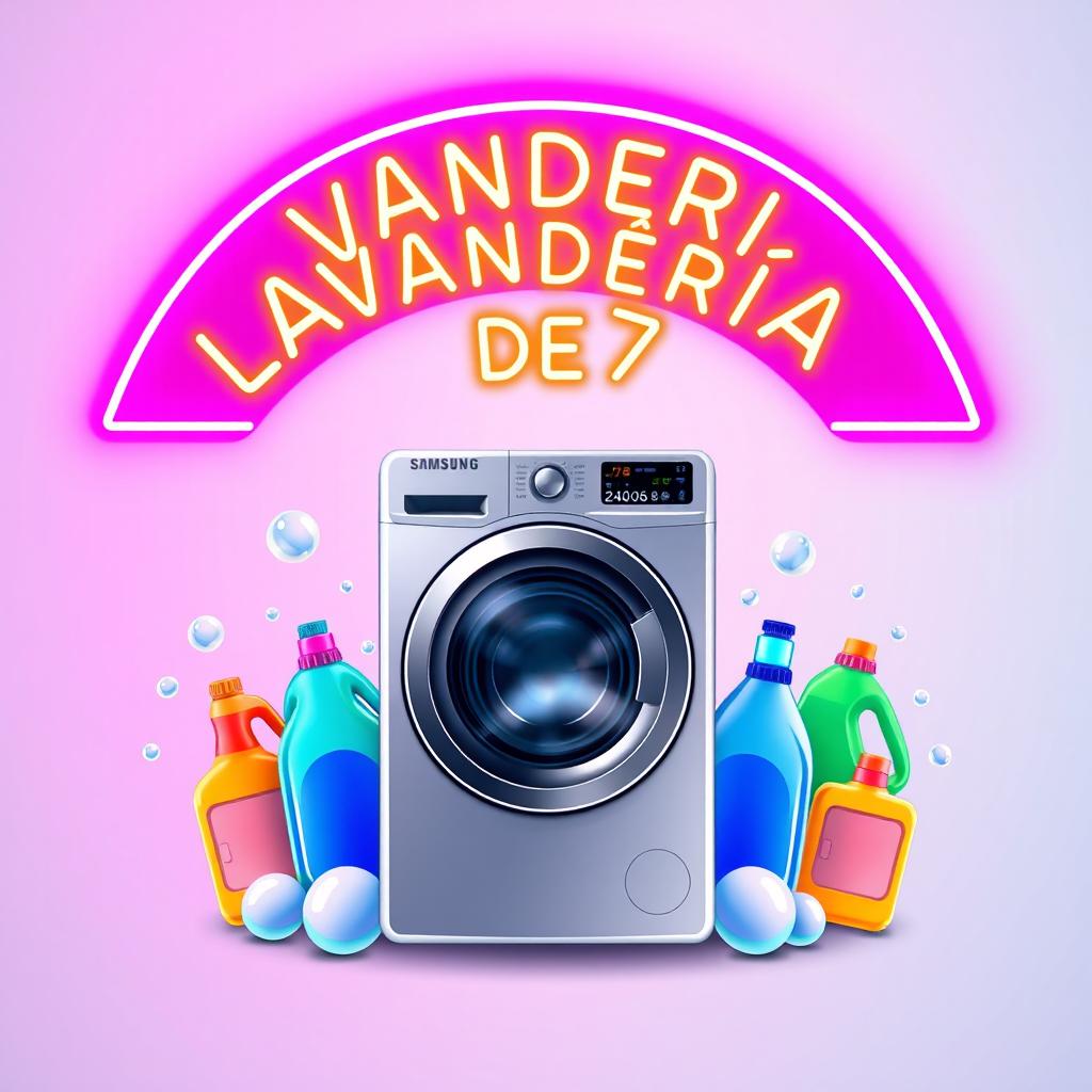 A vibrant neon canopy for a laundromat with a bold logo that reads "LAVANDERÍA DE 37"