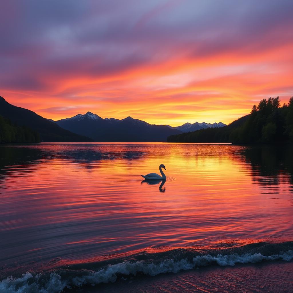 A breathtaking sunsetscape over a tranquil lake, the sky painted with hues of orange, pink, and purple blending effortlessly