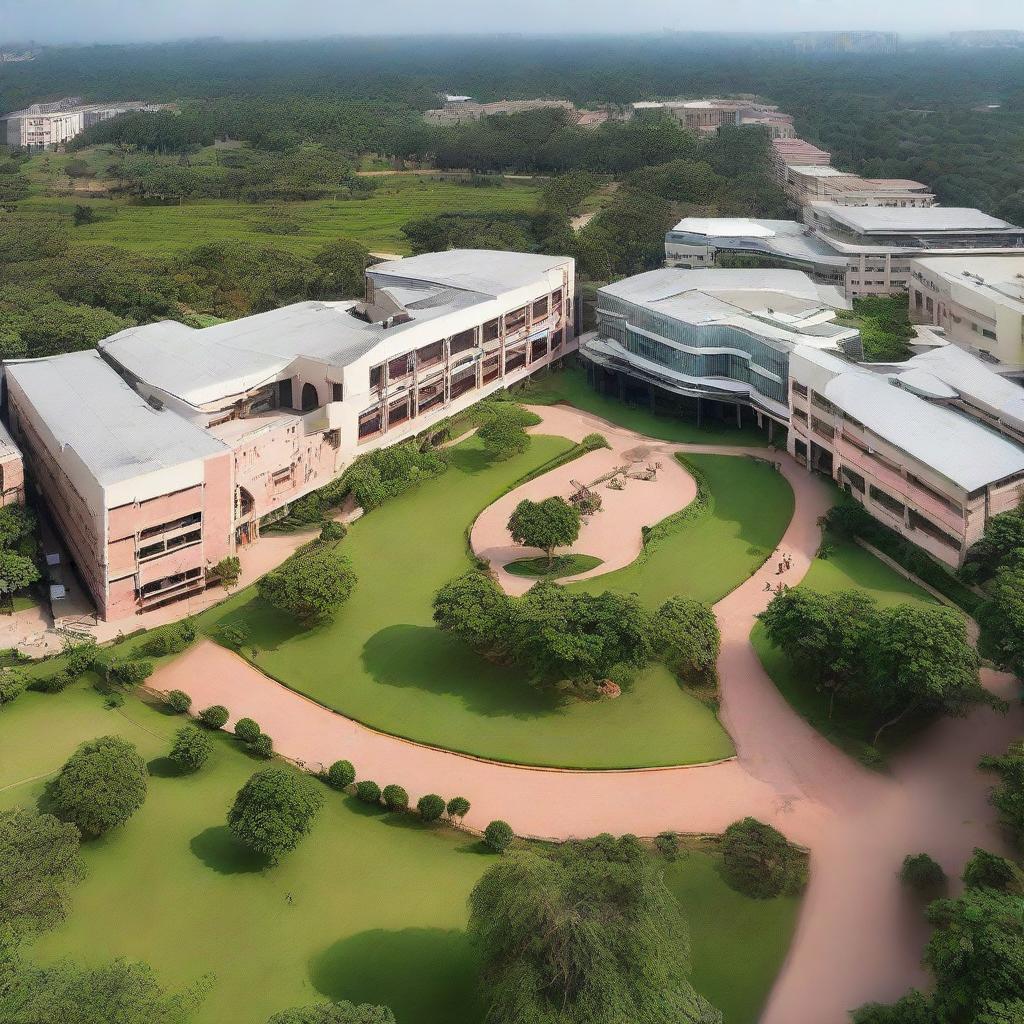 A panoramic view of Indian Institute of Technology Madras campus, including modern educational buildings, lush greenery, and students bustling with activity.