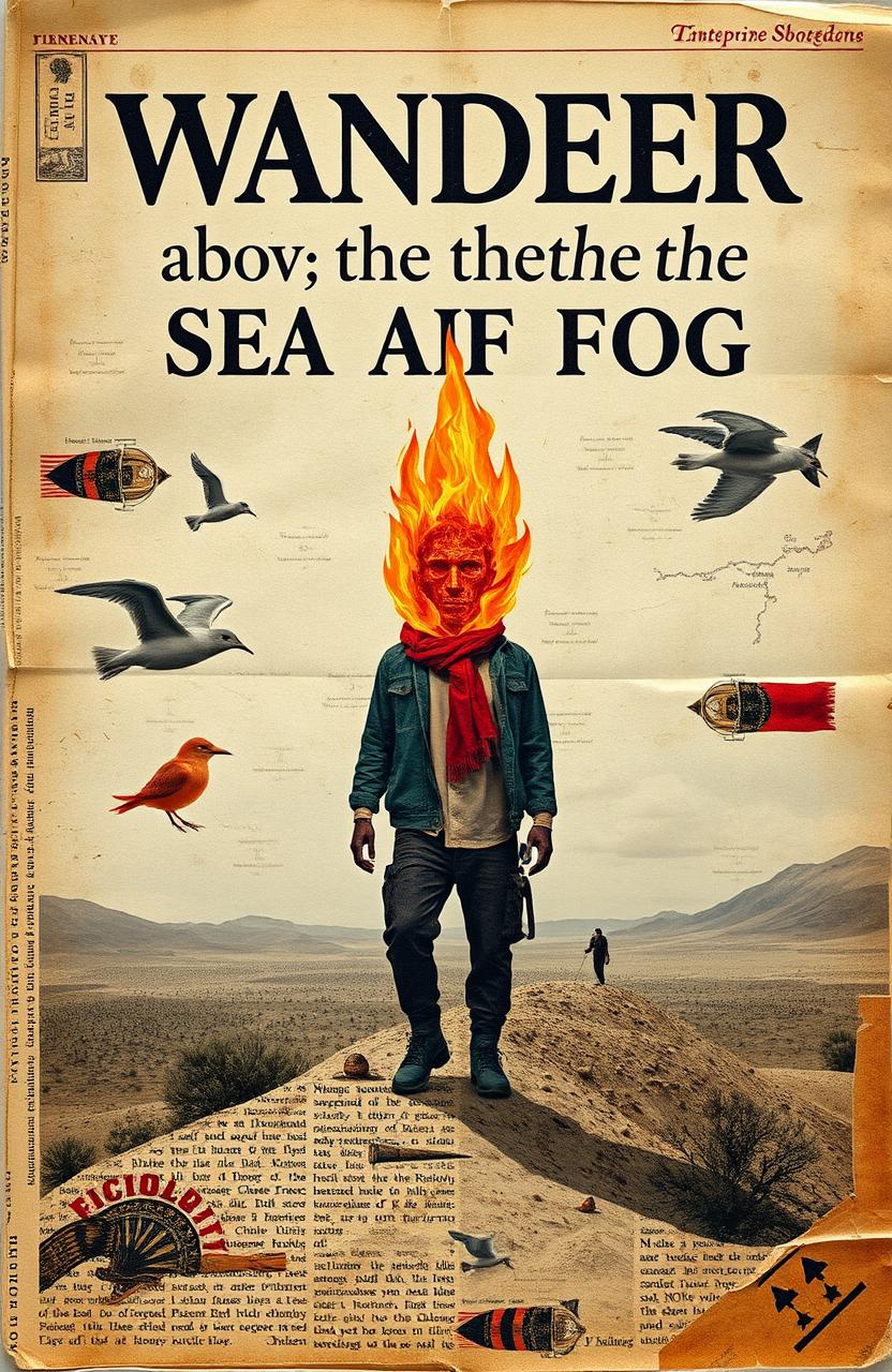 A surreal collage book cover for a story titled "Wanderer Above the Sea of Fog", focusing on the theme of "inflammation"