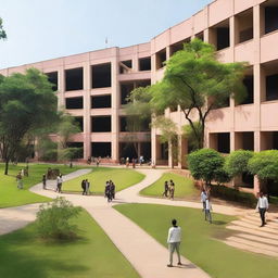 A panoramic view of Indian Institute of Technology Madras campus, including modern educational buildings, lush greenery, and students bustling with activity.