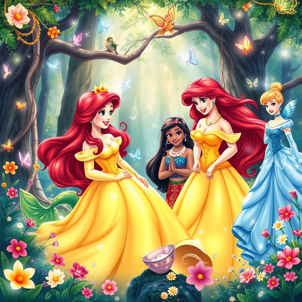 A beautifully detailed illustration of Disney princesses in a vibrant enchanted forest