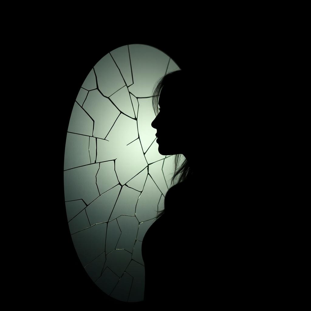 A cracked mirror reflecting a woman's silhouette, symbolizing her feeling of being trapped in trauma and conflicting emotions