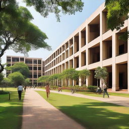 A panoramic view of Indian Institute of Technology Madras campus, including modern educational buildings, lush greenery, and students bustling with activity.