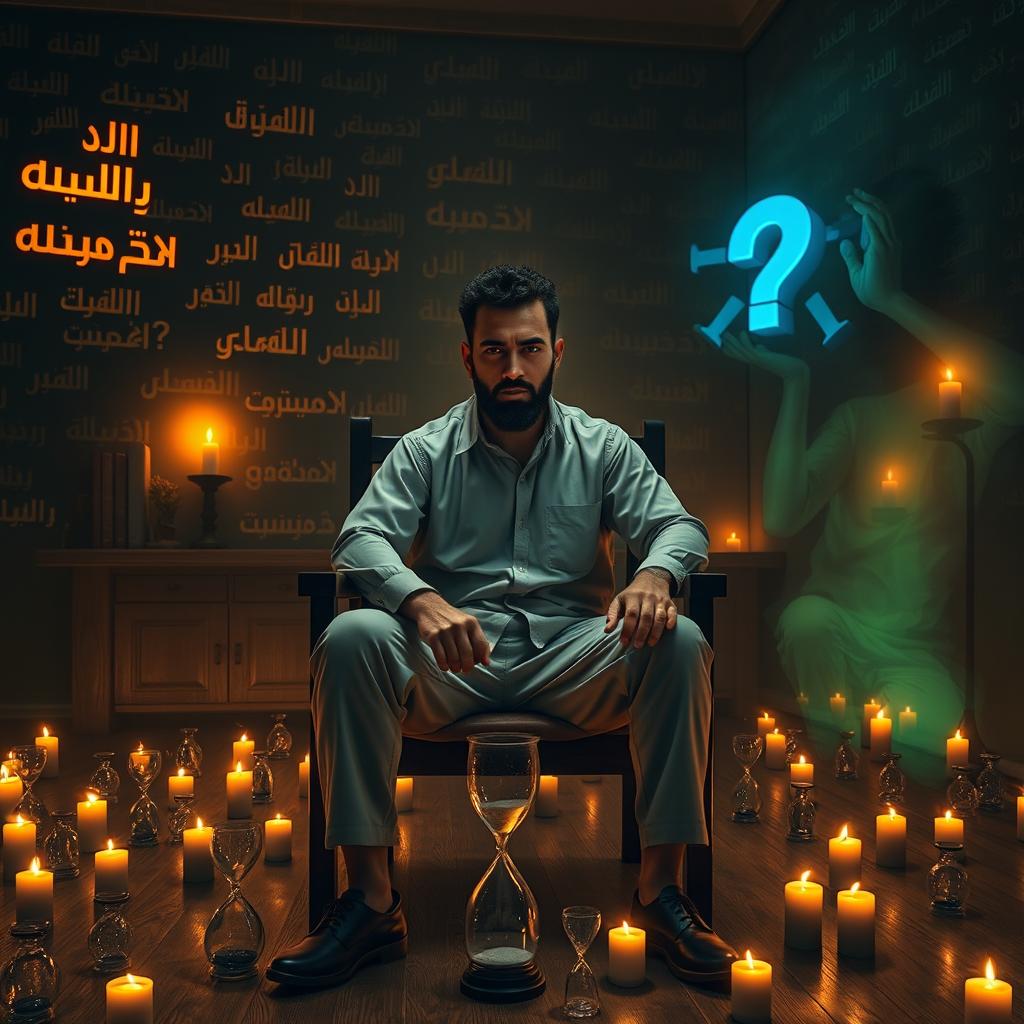 A confident Middle Eastern man sitting calmly on a wooden chair in a dimly lit room illuminated by flickering candlelight, which casts dramatic shadows